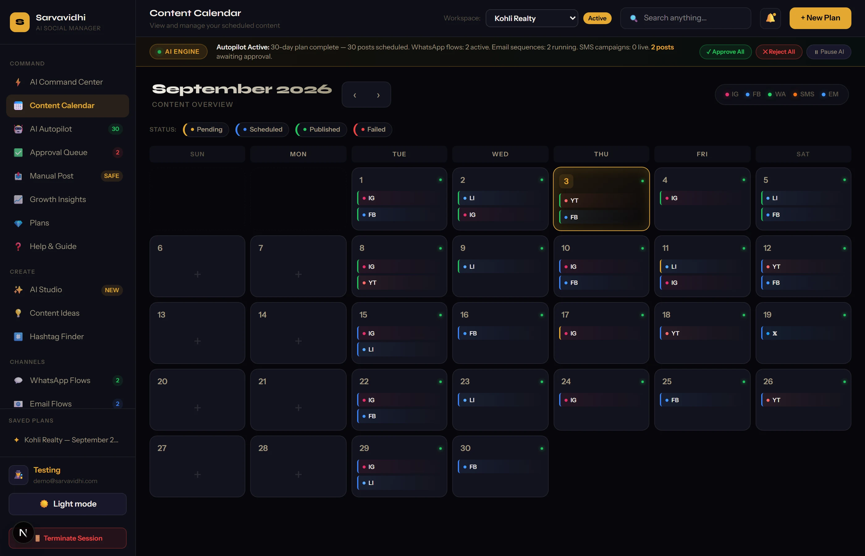 Workspaces, Calendar & Queue in the Sarvavidhi dashboard